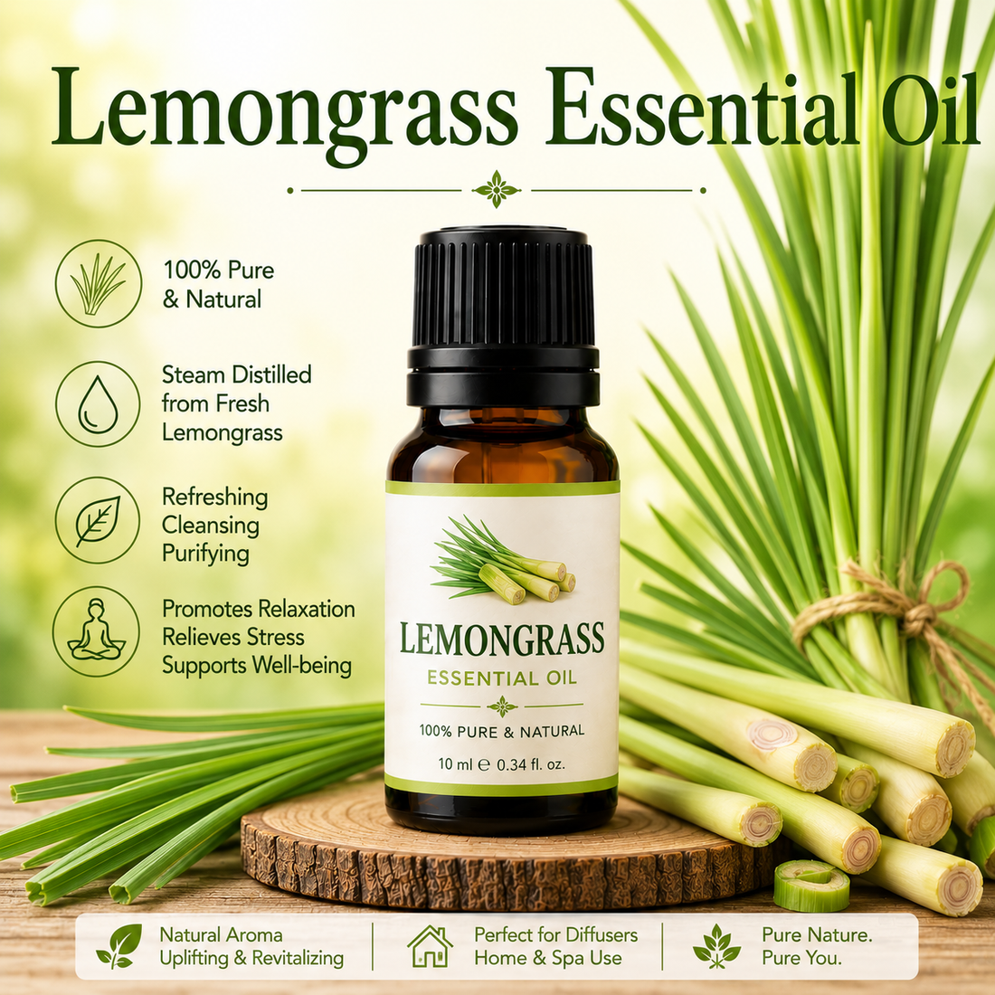 Lemongrass essential oil bottle with fresh lemongrass stalks showcasing its bright citrus-herbal aroma, natural aromatic compounds, aromatherapy applications, and wellness-supporting benefits.