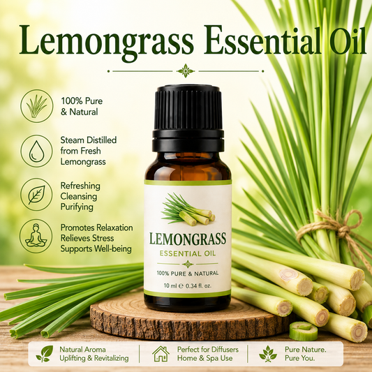 Lemongrass essential oil bottle with fresh lemongrass stalks showcasing its bright citrus-herbal aroma, natural aromatic compounds, aromatherapy applications, and wellness-supporting benefits.