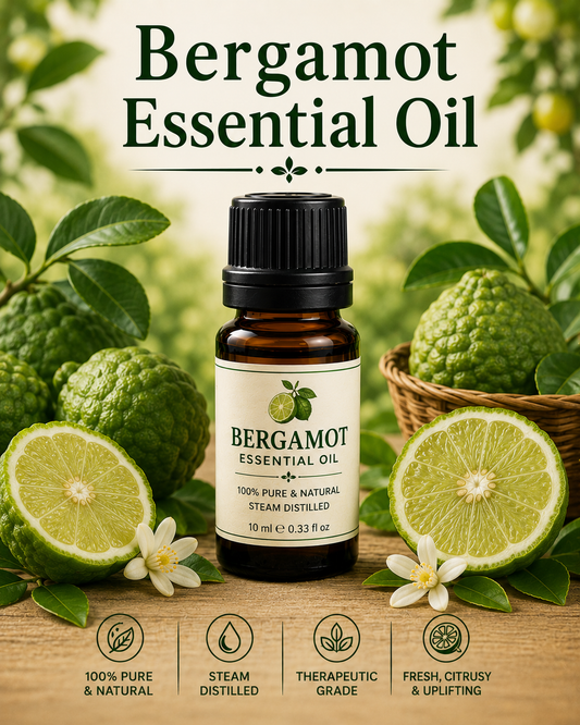 Bergamot essential oil bottle with fresh bergamot citrus fruits showcasing its bright aroma, natural aromatic compounds, aromatherapy applications, and wellness-supporting benefits.