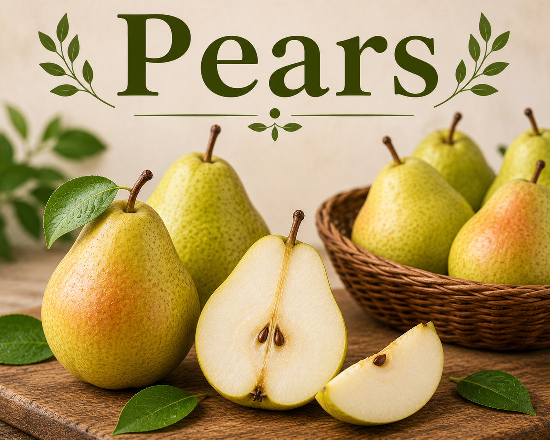 Fresh ripe pears showcasing their fiber, vitamin C, antioxidants, natural sweetness, and wellness-supporting nutritional benefits.