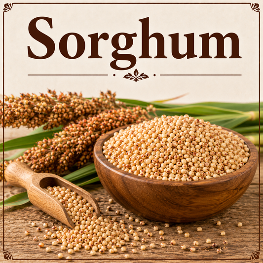 Whole sorghum grains showcasing their fiber, protein, vitamins, minerals, antioxidants, and wellness-supporting nutritional benefits.