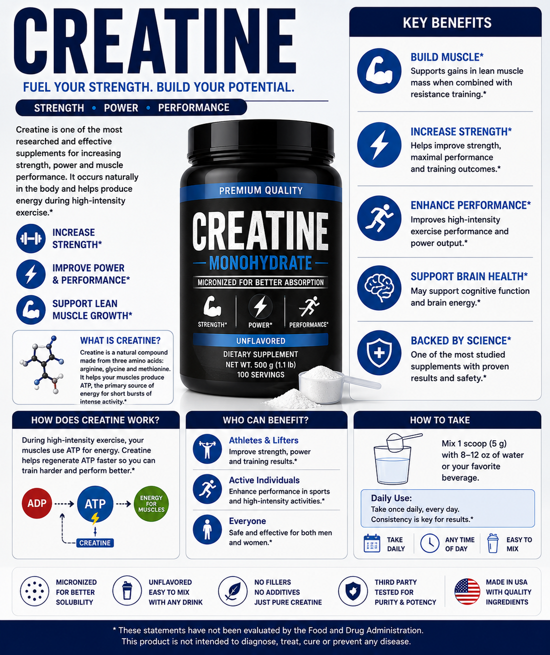Creatine powder and supplement scoop with fitness equipment supporting muscle strength, exercise performance, recovery, and energy production.