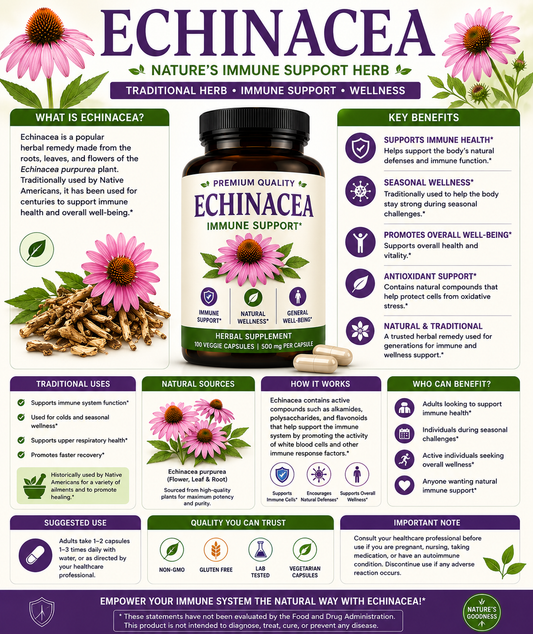 Echinacea flowers and herbal supplement capsules supporting immune health, seasonal wellness, antioxidant protection, and overall well-being.