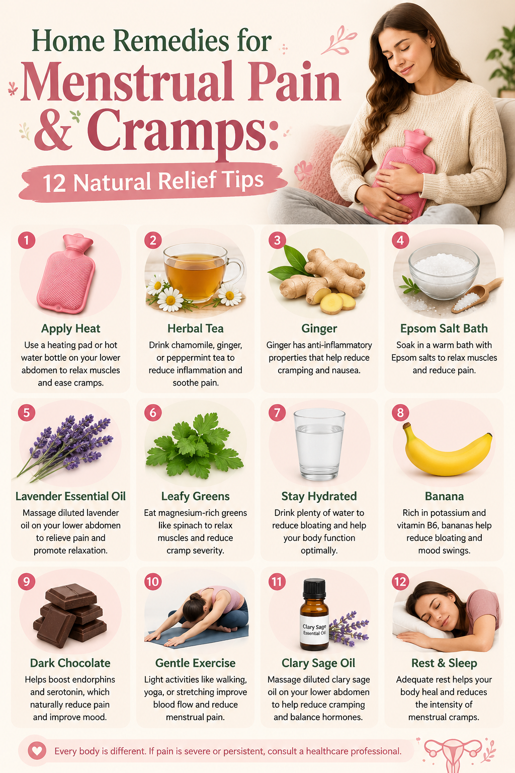 Woman holding a warm cup of ginger tea and a heating pad for natural menstrual cramp relief