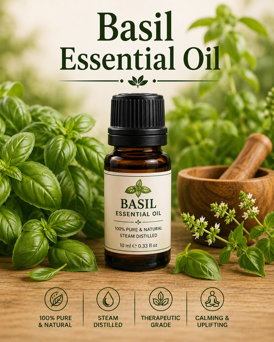Basil essential oil bottle with fresh basil leaves showcasing its herbaceous aroma, natural aromatic compounds, aromatherapy applications, and wellness-supporting benefits
