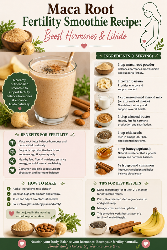 Creamy maca root fertility smoothie with banana, almond milk and cinnamon in a glass for natural hormone balance