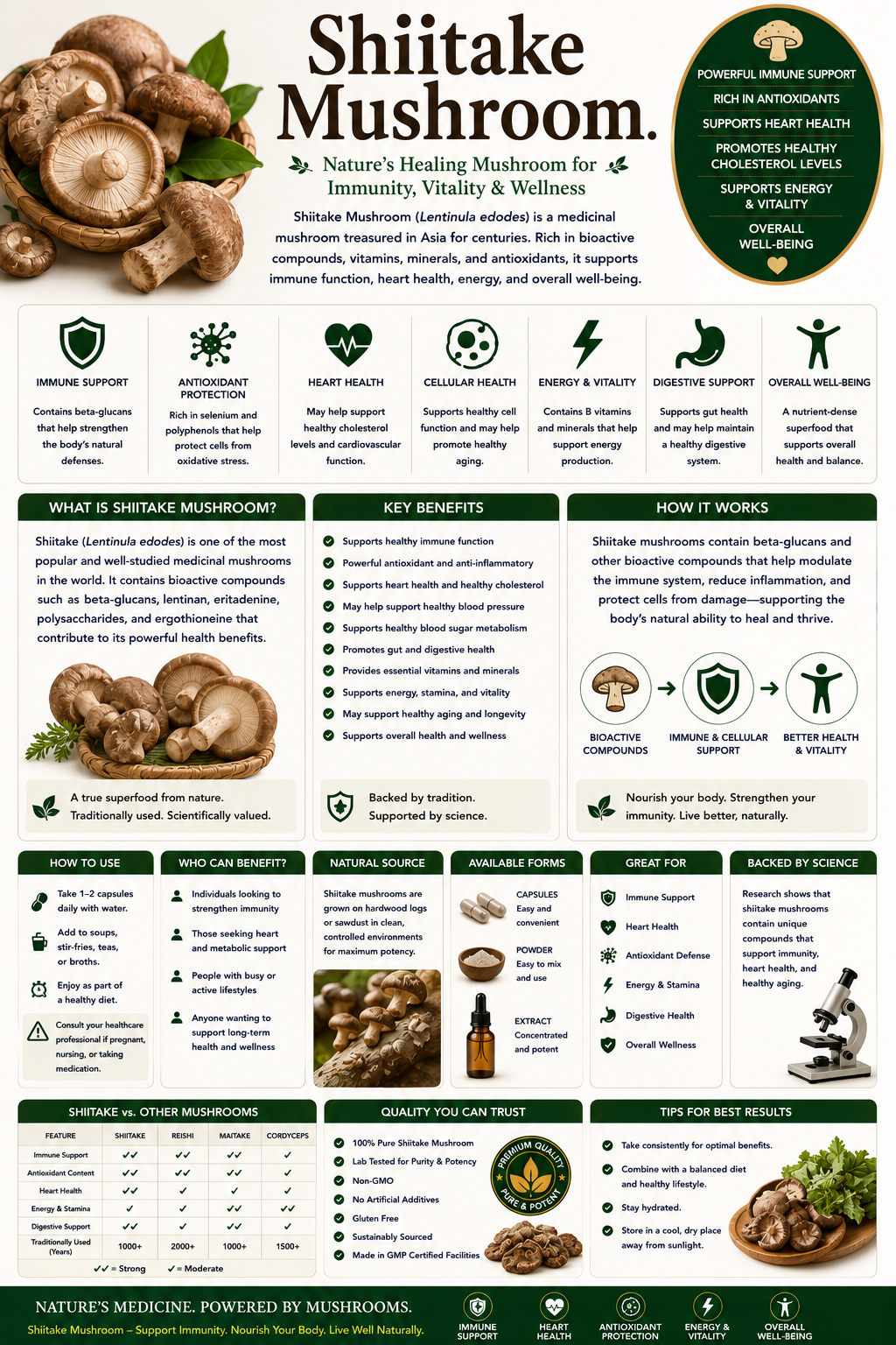 Shiitake mushrooms and supplement capsules supporting immune health, antioxidant protection, and healthy aging.