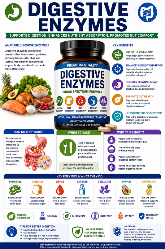 Digestive enzyme supplement capsules with healthy digestive system imagery supporting nutrient absorption, gut wellness, and digestive comfort.