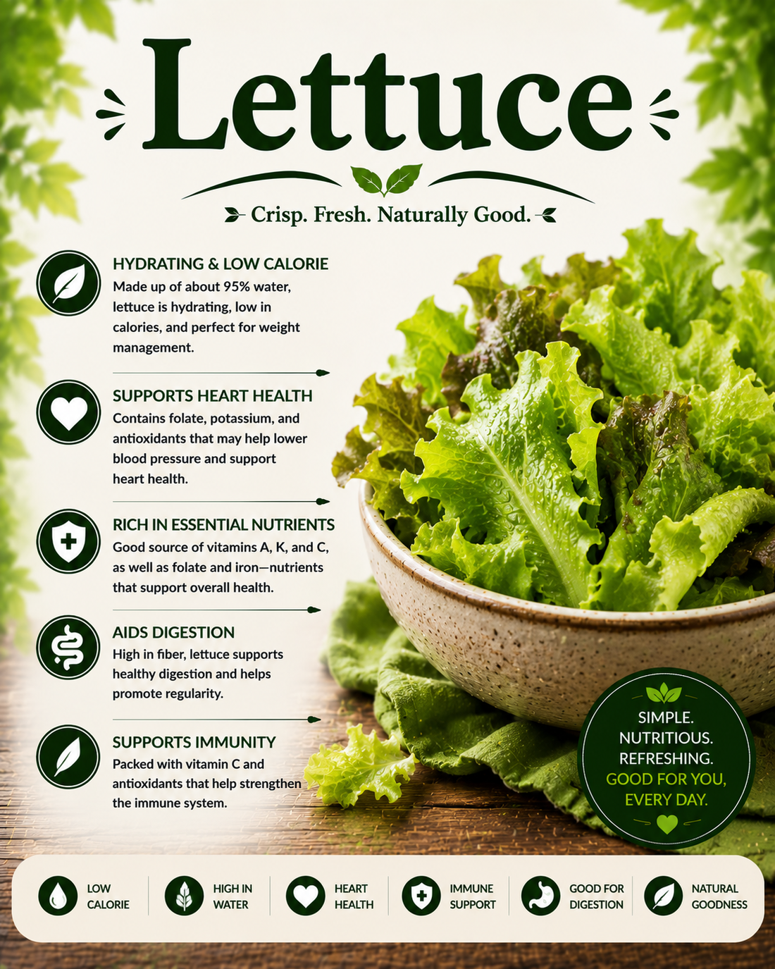 Fresh green lettuce leaves showcasing their vitamins, minerals, hydration benefits, antioxidants, and wellness-supporting nutritional properties.