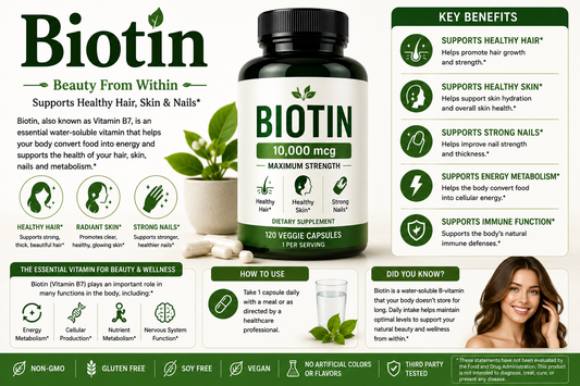 Biotin supplement capsules with healthy hair, skin, and nails representing beauty wellness, energy metabolism, and nutritional support.