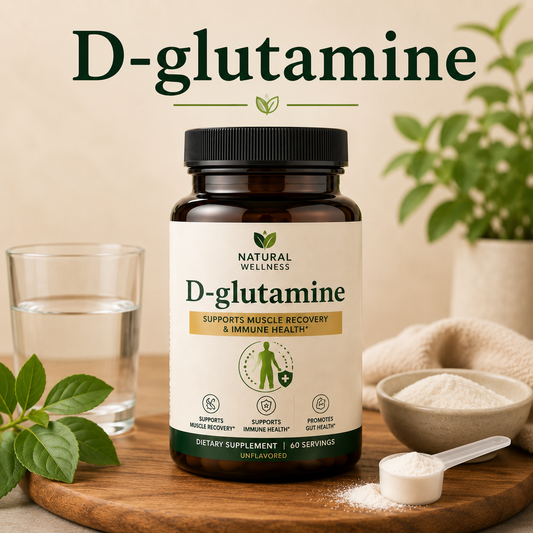 Scientific illustration of D-Glutamine amino acid structure alongside capsules and laboratory research materials highlighting amino acid science and nutritional research.