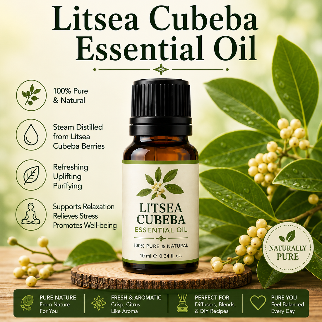 Litsea Cubeba essential oil bottle with litsea berries and green leaves showcasing its fresh lemon-like aroma, natural aromatic compounds, aromatherapy applications, and wellness-supporting benefits.