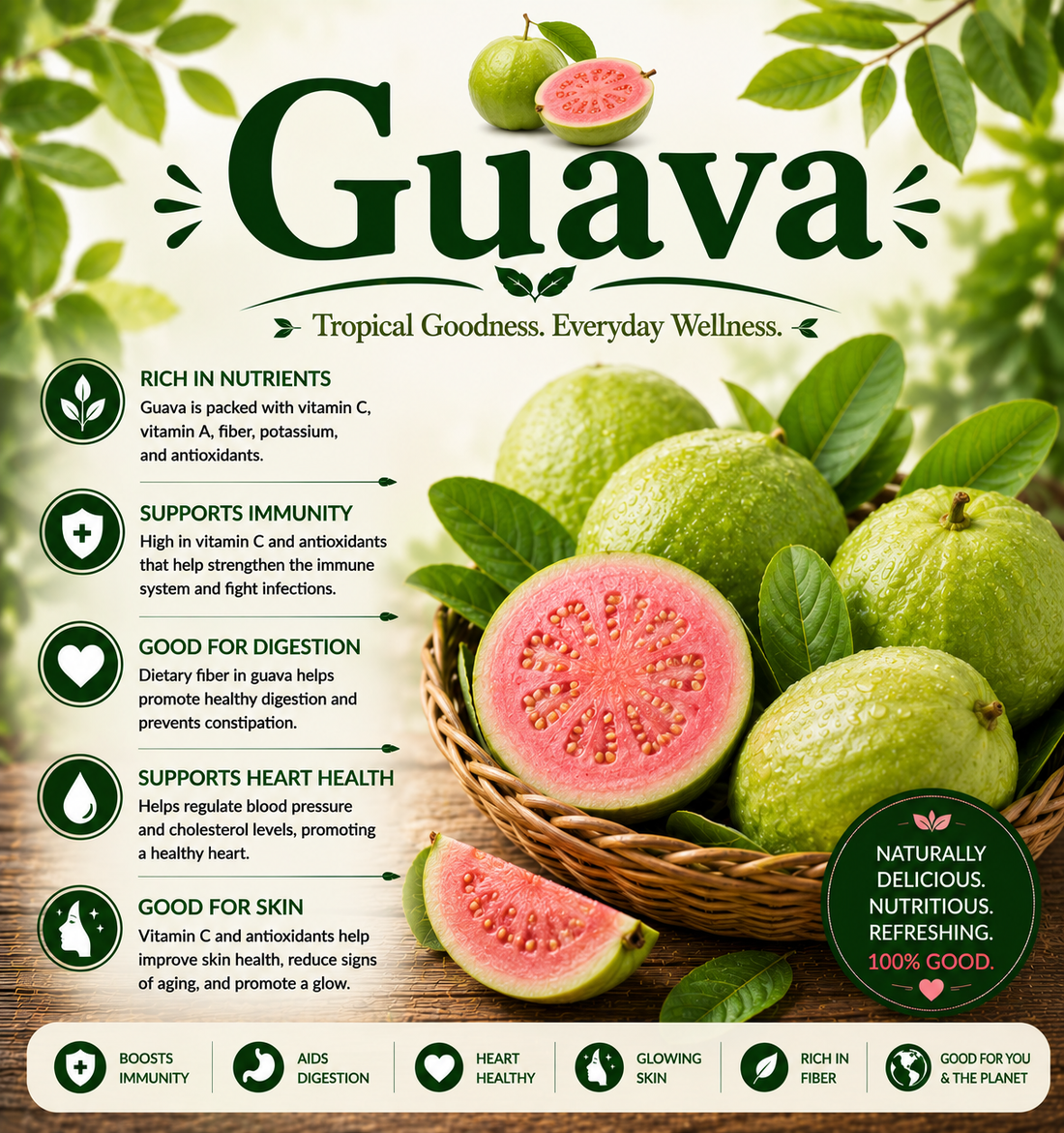 Fresh guava fruit showcasing its vitamin C, fiber, antioxidants, tropical flavor, and wellness-supporting nutritional benefits.