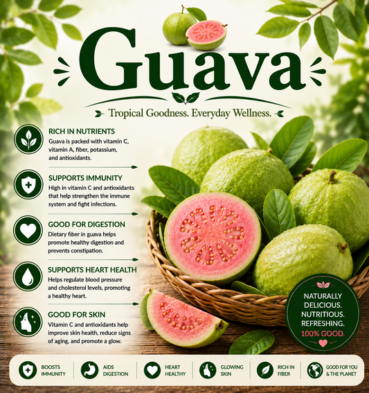 Fresh guava fruit showcasing its vitamin C, fiber, antioxidants, tropical flavor, and wellness-supporting nutritional benefits.