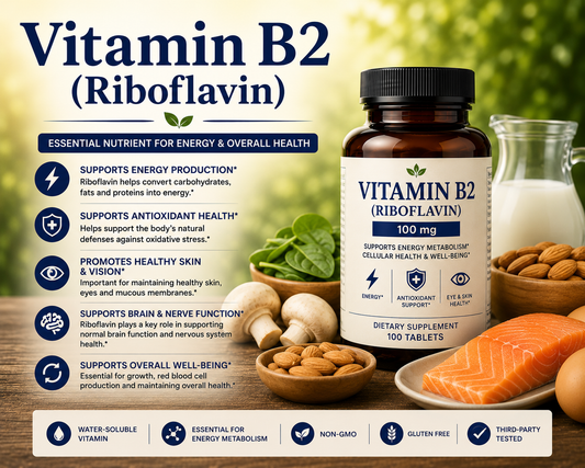Vitamin B2 Riboflavin supplement capsules with dairy products, eggs, and almonds supporting energy production, metabolism, and eye health.
