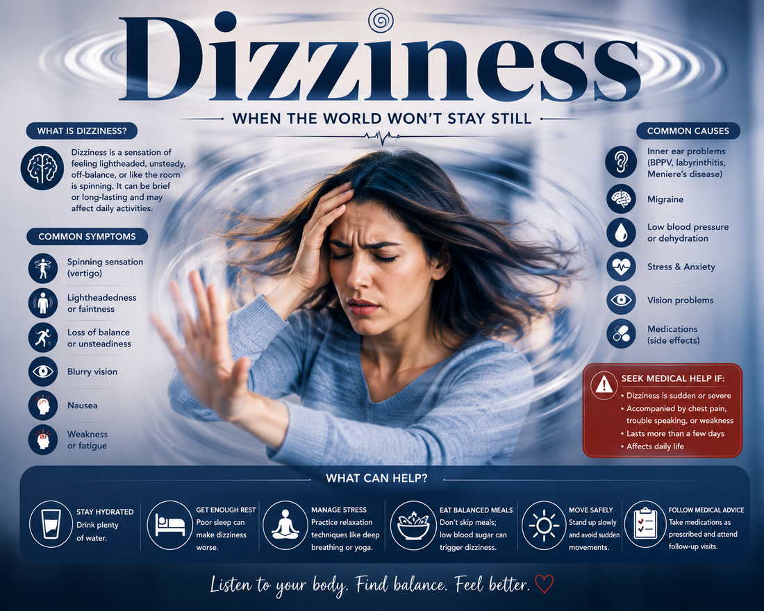 Person experiencing dizziness while standing, highlighting natural ways to support balance, hydration, and overall wellness.