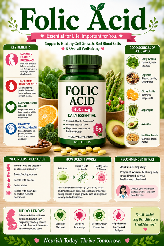 Folic Acid supplement tablets with leafy green vegetables supporting prenatal health, red blood cell production, and overall wellness.