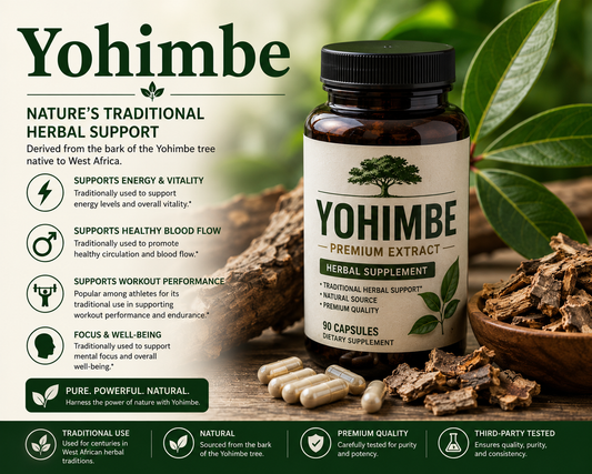 Yohimbe bark extract capsules and Yohimbe tree bark supporting energy, physical performance, circulation, and overall wellness.