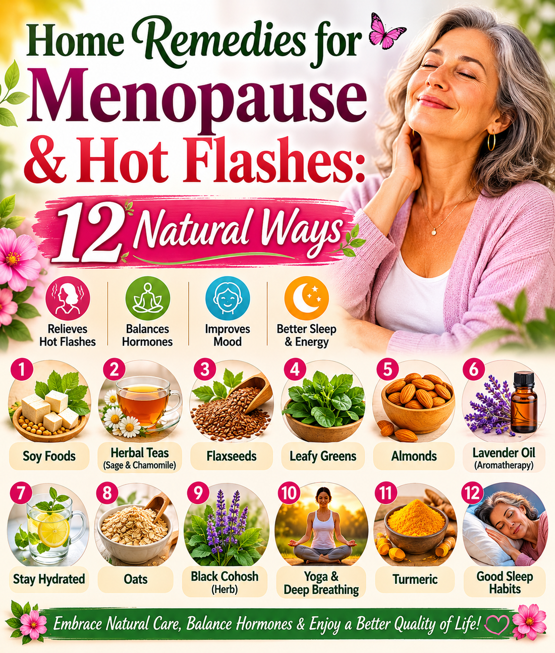 Woman drinking sage tea with flaxseeds and herbs for natural menopause and hot flash relief