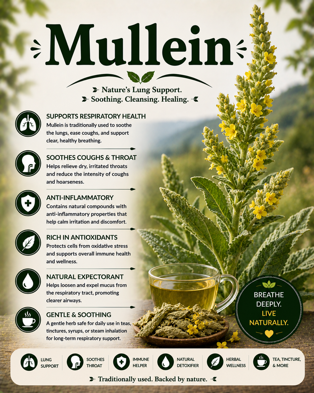 Fresh and dried mullein leaves showcasing their antioxidants, flavonoids, traditional herbal uses, and wellness-supporting botanical compounds.