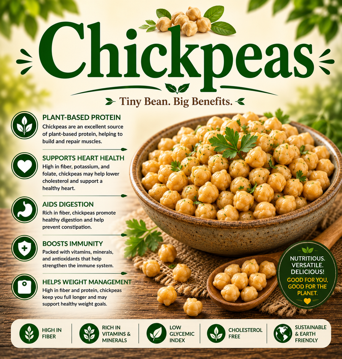 Cooked chickpeas in a bowl showcasing their plant protein, fiber, vitamins, minerals, and wellness-supporting nutritional benefits.