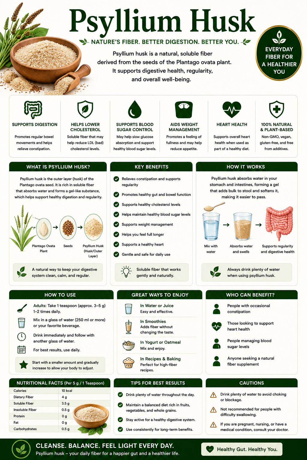 Psyllium Husk powder with a glass of water and fiber-rich foods supporting digestive health, bowel regularity, heart health, and overall wellness.