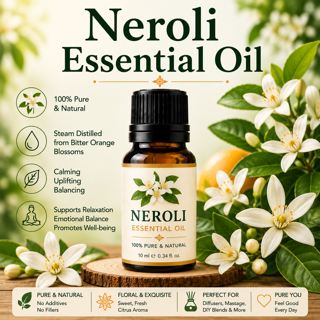 Neroli essential oil bottle surrounded by fresh bitter orange blossoms showcasing its sweet floral-citrus aroma, natural aromatic compounds, aromatherapy applications, and wellness-supporting benefits