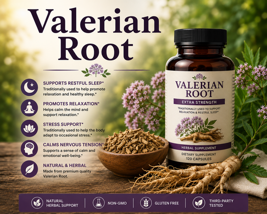 Valerian Root supplement capsules and dried valerian roots supporting relaxation, sleep wellness, stress management, and overall well-being.