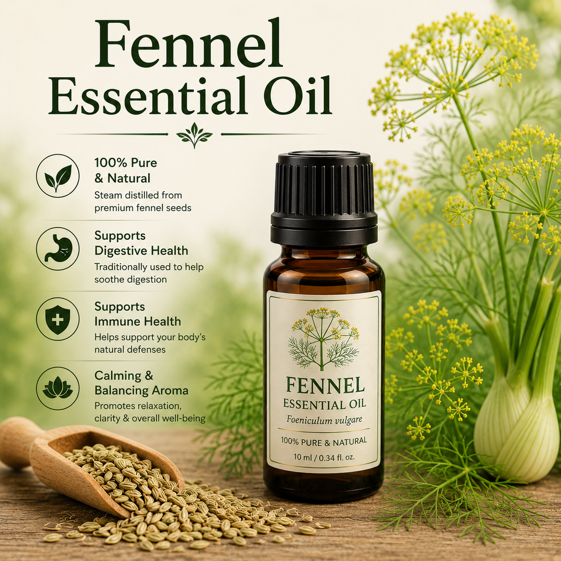Fennel essential oil bottle with fennel seeds and fennel fronds showcasing its sweet herbaceous aroma, natural aromatic compounds, aromatherapy applications, and wellness-supporting benefits.