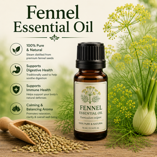 Fennel essential oil bottle with fennel seeds and fennel fronds showcasing its sweet herbaceous aroma, natural aromatic compounds, aromatherapy applications, and wellness-supporting benefits.