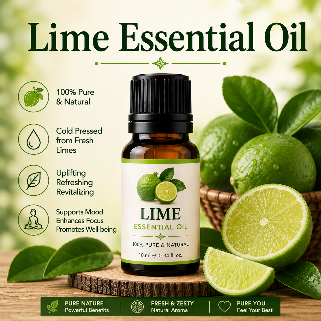 Lime essential oil bottle with fresh green limes and lime slices showcasing its bright citrus aroma, natural aromatic compounds, aromatherapy applications, and wellness-supporting benefits.