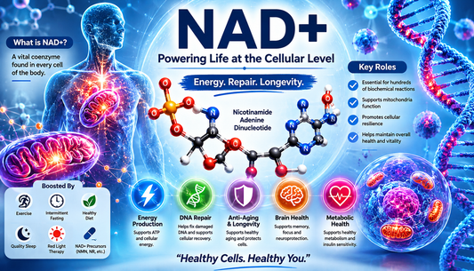 NAD+ supplement capsules supporting cellular energy production, healthy aging, metabolism, brain health, and overall wellness.