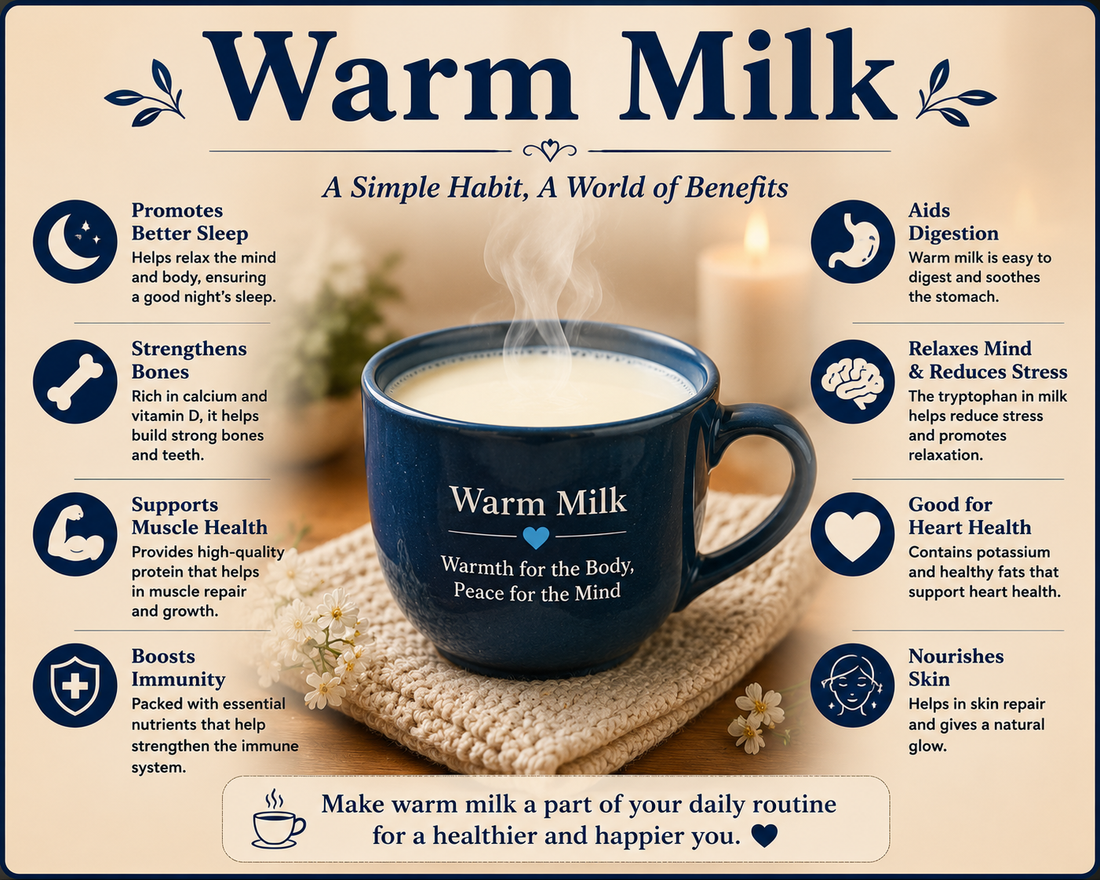 A warm glass of milk with cinnamon sticks, vanilla, and honey on a cozy wooden table, highlighting its protein, calcium, vitamin D, and relaxing bedtime wellness benefits.