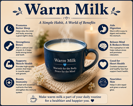 A warm glass of milk with cinnamon sticks, vanilla, and honey on a cozy wooden table, highlighting its protein, calcium, vitamin D, and relaxing bedtime wellness benefits.