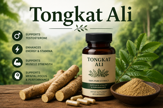 Tongkat Ali root supplement capsules supporting energy, vitality, men's health, performance, and healthy aging.