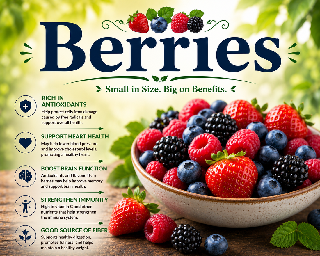A colorful assortment of fresh berries including strawberries, blueberries, raspberries, and blackberries showcasing their antioxidants, fiber, vitamin C, and wellness-supporting nutritional benefits.