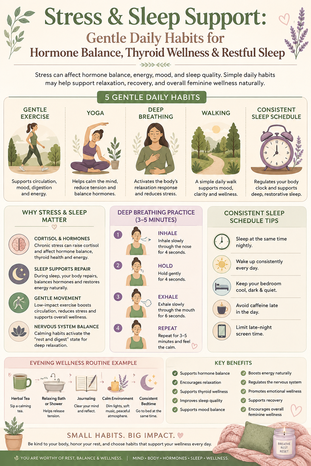 Woman peacefully practicing gentle yoga at sunrise for stress relief, sleep support, and natural hormone balance