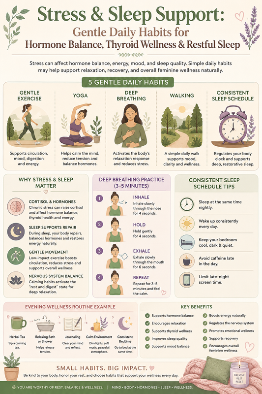 Woman peacefully practicing gentle yoga at sunrise for stress relief, sleep support, and natural hormone balance