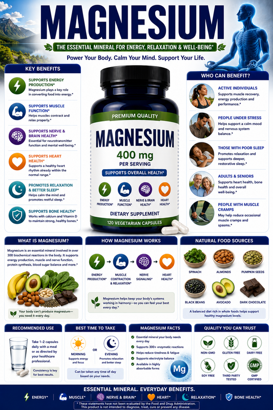 Magnesium supplement capsules with nuts, seeds, and leafy greens supporting muscle function, heart health, bone health, and energy production.