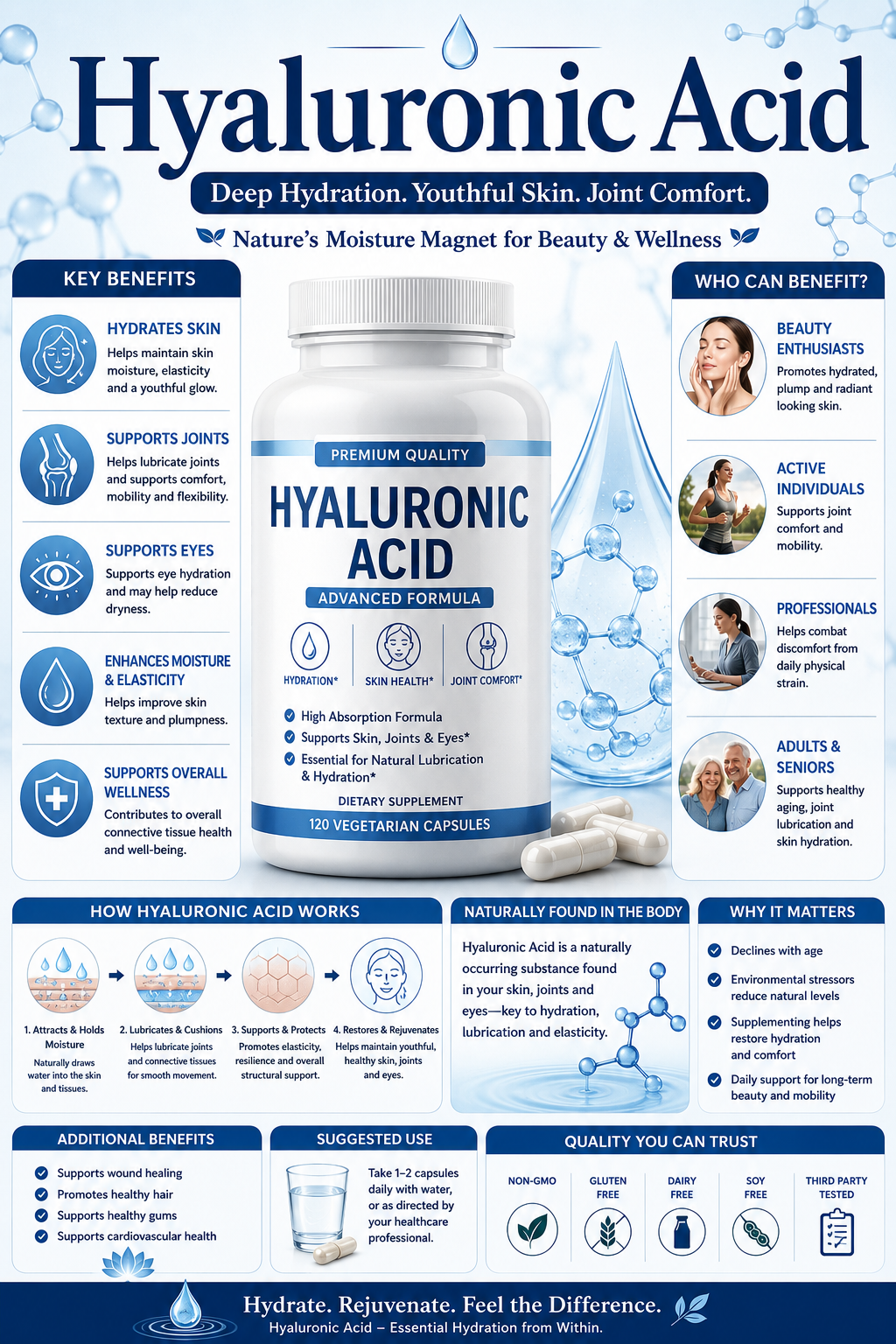 Hyaluronic Acid supplement capsules with hydrated skin and beauty wellness imagery supporting healthy aging and joint health.