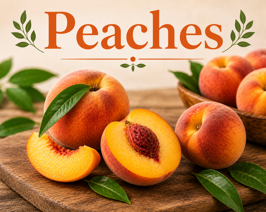Fresh ripe peaches showcasing their vitamin C, fiber, antioxidants, natural sweetness, and wellness-supporting nutritional benefits.