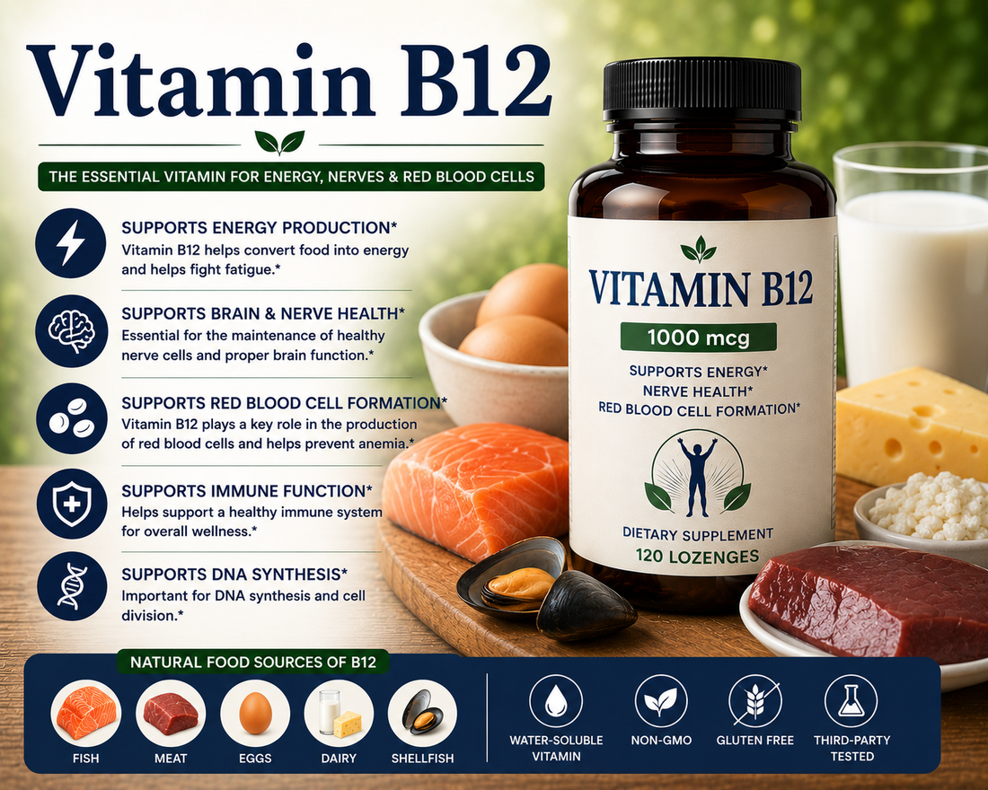 Vitamin B12 supplement capsules with fish, eggs, and dairy products supporting energy production, brain health, and nervous system function.