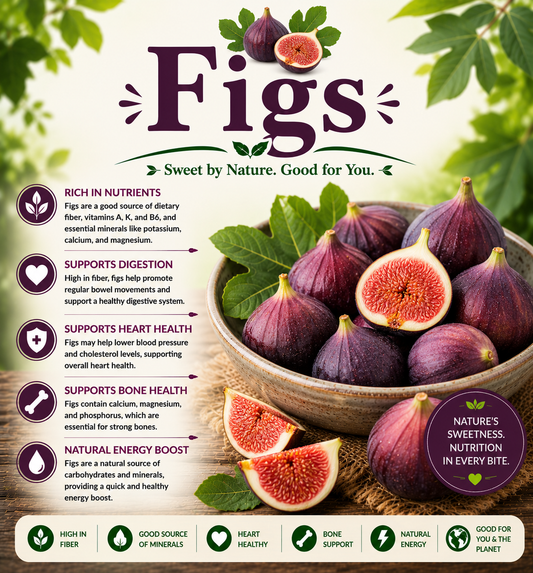 Fresh and dried figs showcasing their fiber, potassium, antioxidants, natural sweetness, and wellness-supporting nutritional benefits.