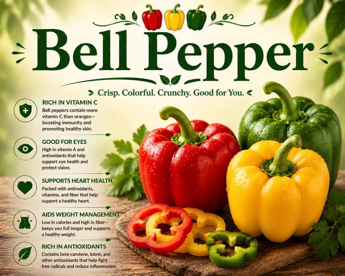 Fresh red, yellow, orange, and green bell peppers showcasing their vitamin C content, antioxidants, vibrant colors, and wellness-supporting nutritional benefits.