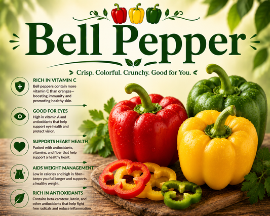 Fresh red, yellow, orange, and green bell peppers showcasing their vitamin C content, antioxidants, vibrant colors, and wellness-supporting nutritional benefits.