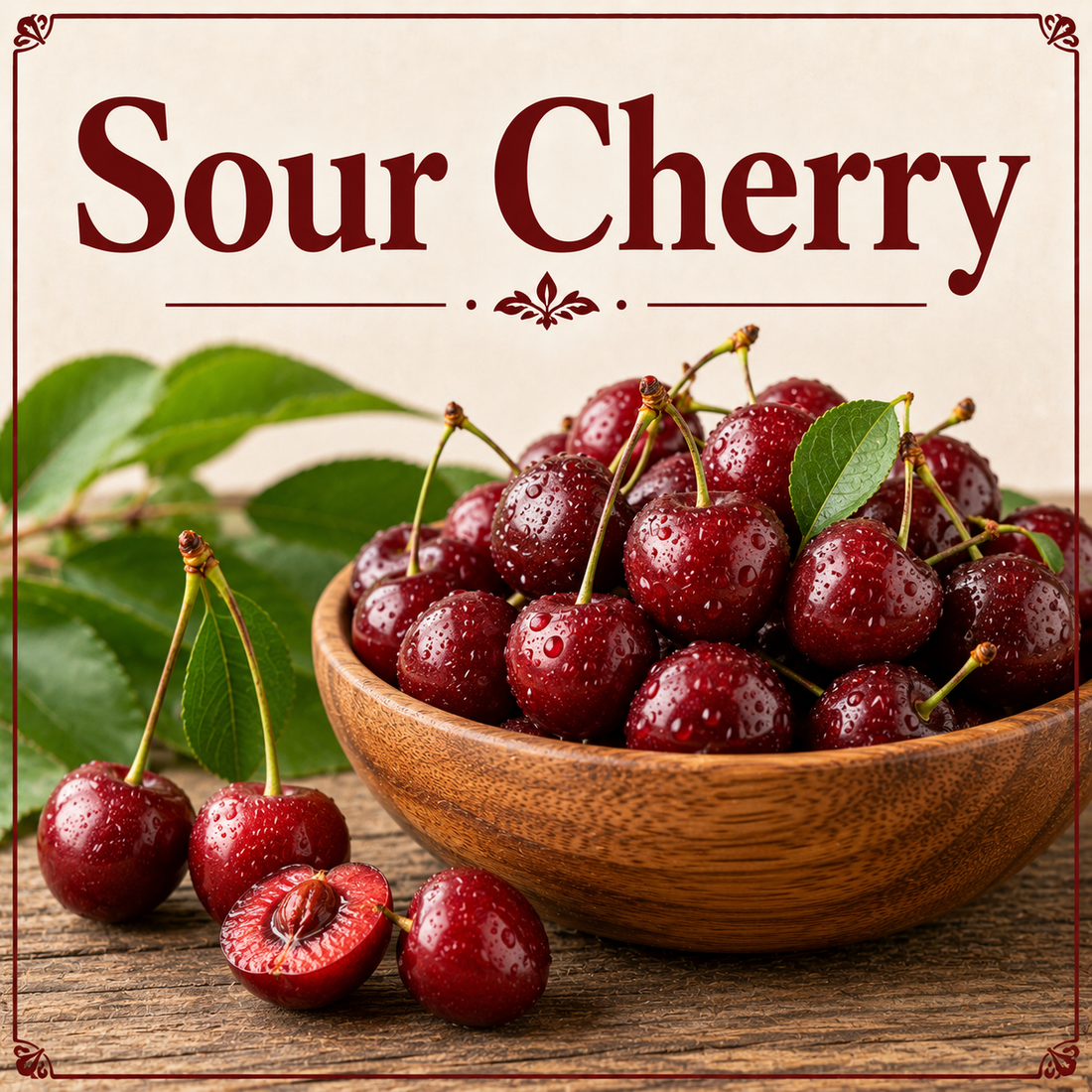 Fresh sour cherries showcasing their antioxidants, vitamin C, fiber, minerals, tart flavor, and wellness-supporting nutritional benefits.