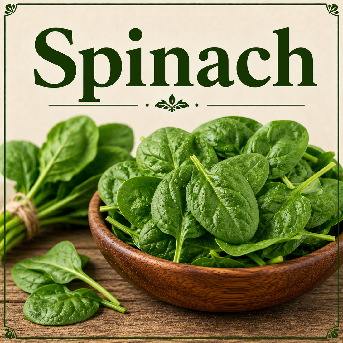 Fresh spinach leaves showcasing their vitamins, minerals, antioxidants, fiber, and wellness-supporting nutritional benefits.
