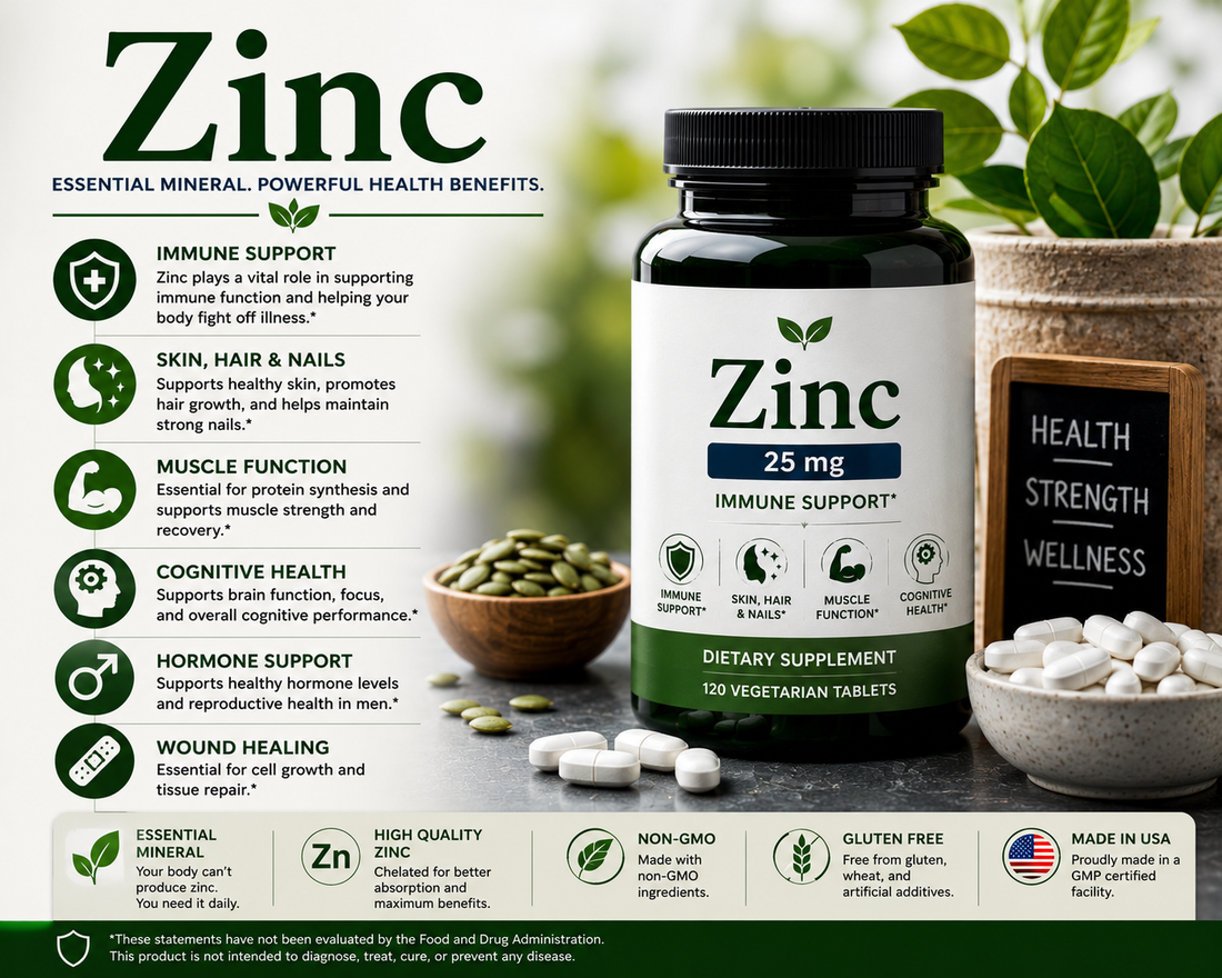 Zinc supplement capsules with pumpkin seeds, oysters, and healthy foods supporting immune health, wound healing, skin wellness, and overall health.