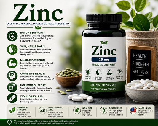 Zinc supplement capsules with pumpkin seeds, oysters, and healthy foods supporting immune health, wound healing, skin wellness, and overall health.