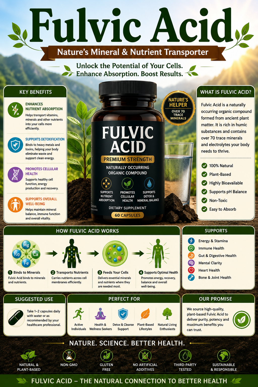 Fulvic Acid liquid supplement with trace minerals supporting nutrient absorption, cellular health, antioxidant protection, and healthy aging.